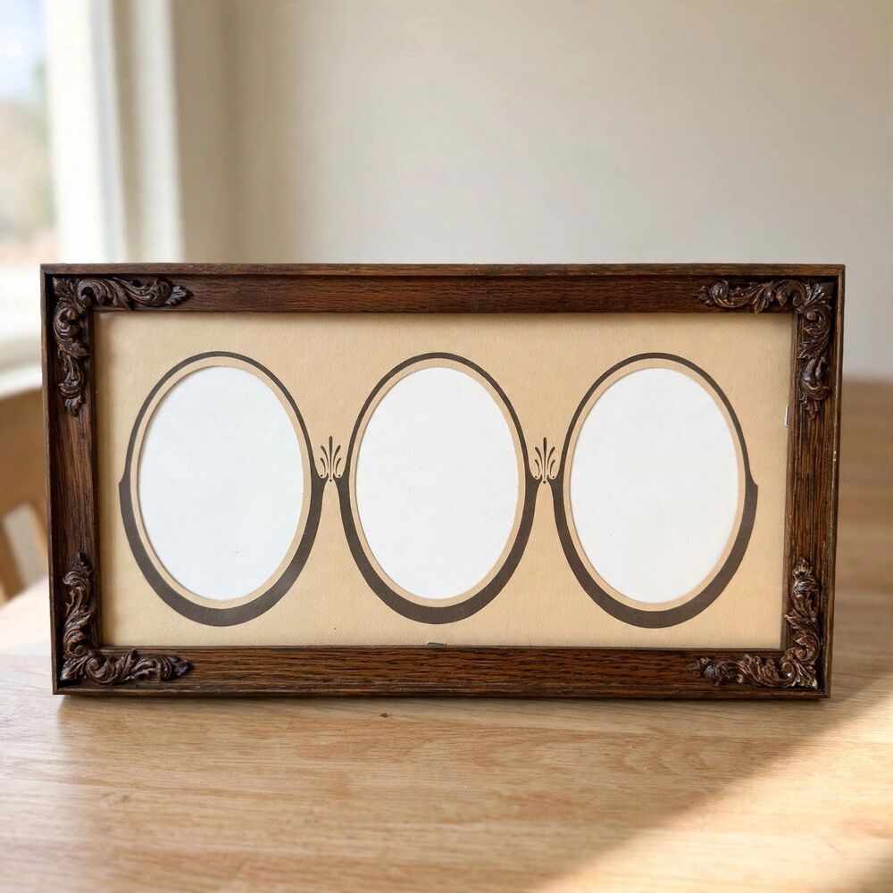 Triple Oval Picture Frame Dark Wood Ornate Collage Wall Hanging Vintage Baroque